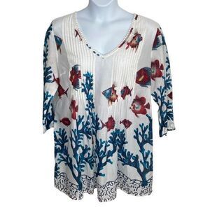 Soft Surroundings Womens Swim Coverup Dress Size PL‎ Tropical Coastal Ocean Fish